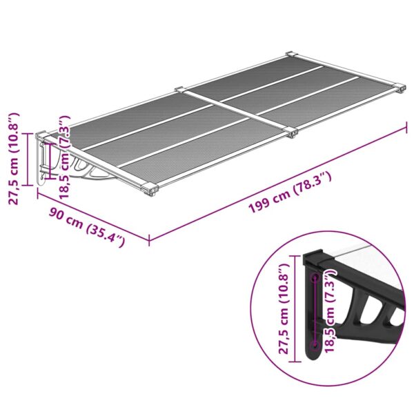 vidaXL Door Canopy Black and Transparent 199x90 cm Polycarbonate - Image 6