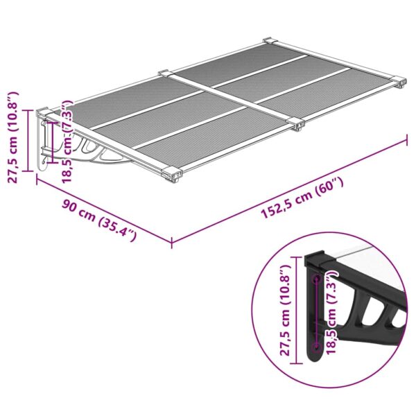 vidaXL Door Canopy Black and Transparent 152.5x90 cm Polycarbonate - Image 6