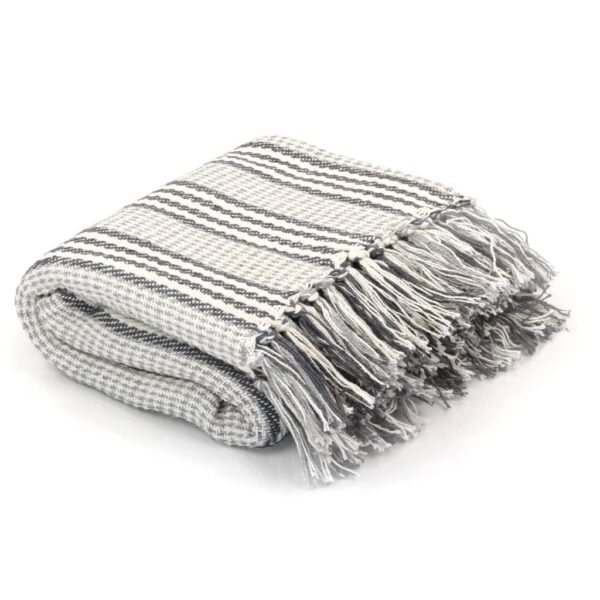 vidaXL Throw Cotton Stripes 220x250 cm Grey and White - Image 1