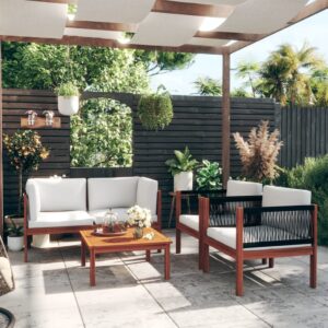 vidaXL 5 Piece Garden Lounge Set with Cushions Cream Wood Acacia&Rope