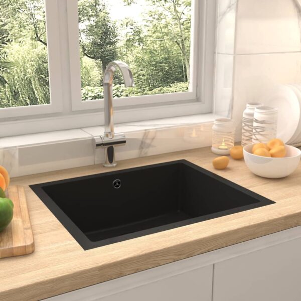 vidaXL Kitchen Sink with Overflow Hole Black Granite - Image 1
