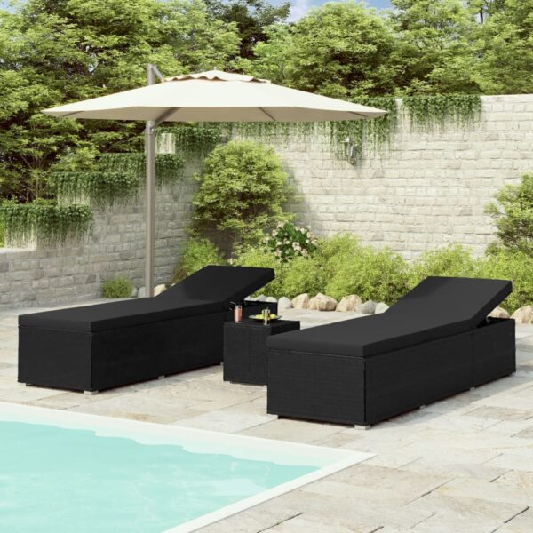 vidaXL 3 Piece Garden Sun Loungers with Tea Table Poly Rattan Black - Image 1