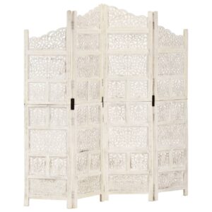vidaXL Hand carved 4-Panel Room Divider White 160x165 cm Solid Mango Wood