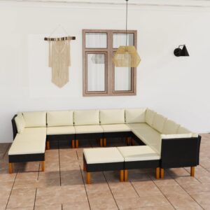vidaXL 12 Piece Garden Lounge Set with Cushions Poly Rattan Black