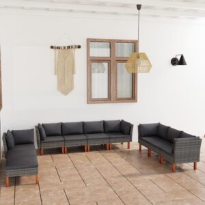 vidaXL 10 Piece Garden Lounge Set with Cushions Poly Rattan Grey