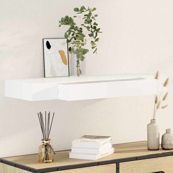 White MDF Floating Wall Display Shelf 1 Drawer Book/DVD Storage - Image 1