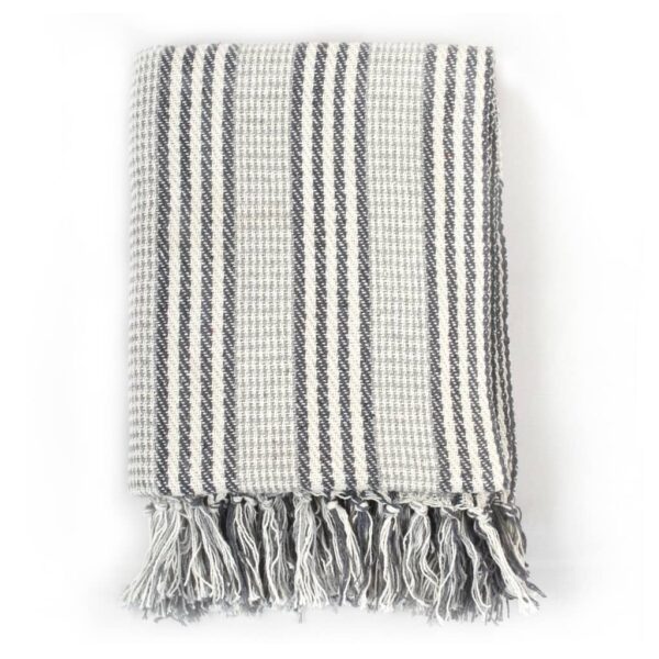 vidaXL Throw Cotton Stripes 220x250 cm Grey and White - Image 2