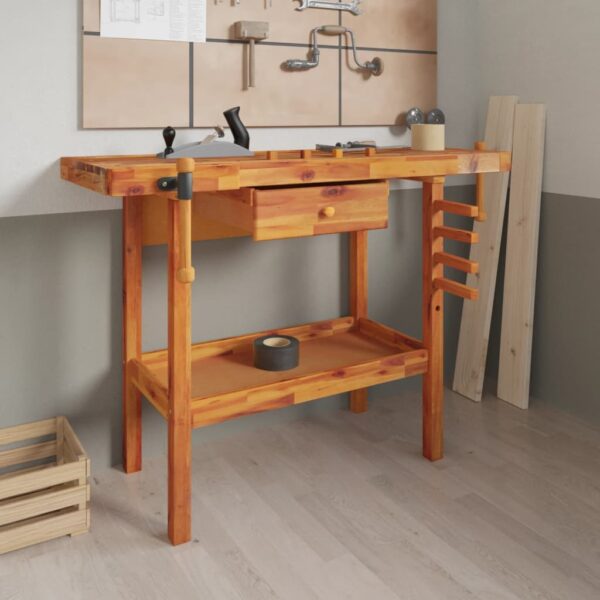 vidaXL Workbench with Drawer and Vices 124x52x83 cm Solid Wood Acacia - Image 1
