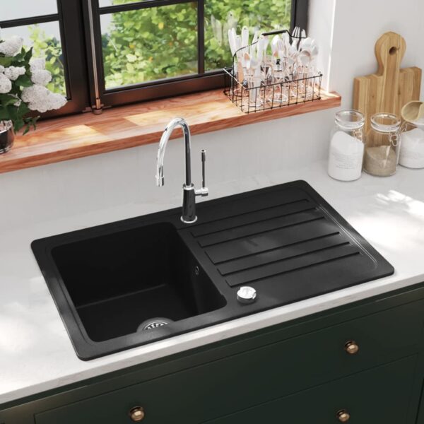 vidaXL Granite Kitchen Sink Single Basin with Drainer Reversible Black - Image 1