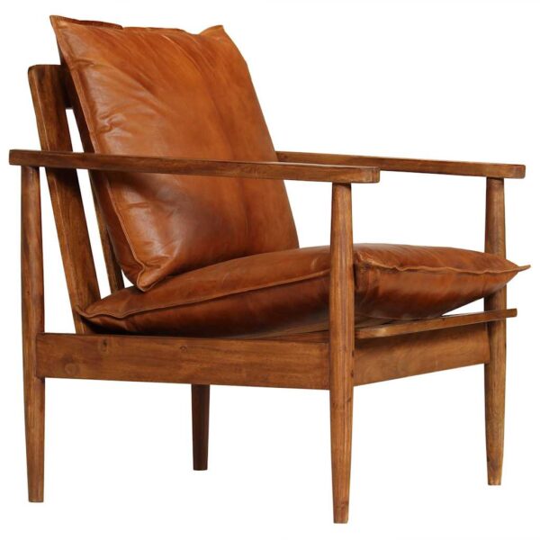 vidaXL Armchair Brown Real Leather with Acacia Wood - Image 2