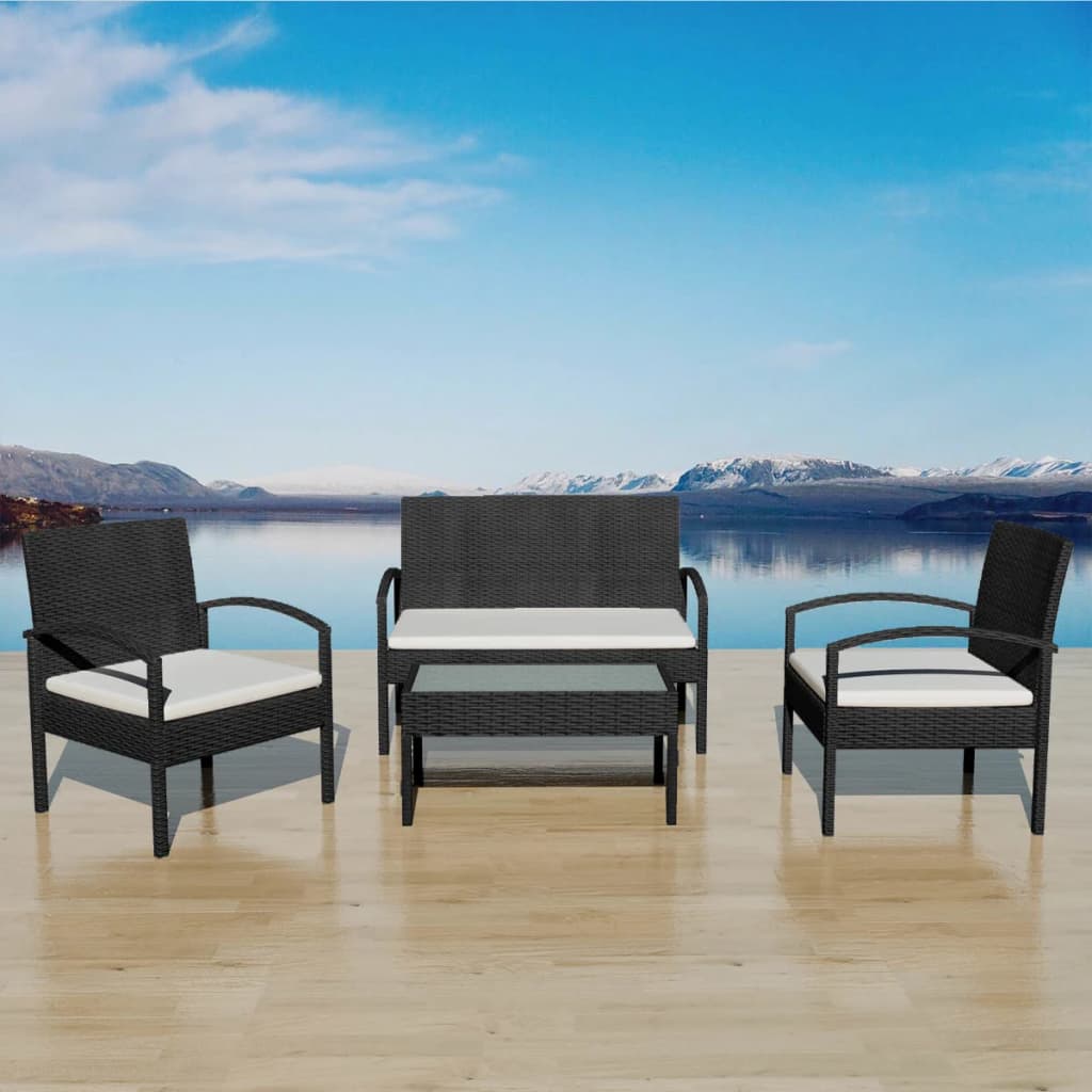 vidaXL 4 Piece Garden Lounge Set with Cushions Poly Rattan Black