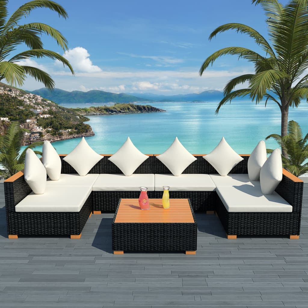 vidaXL 7 Piece Garden Lounge Set with Cushions Poly Rattan Black