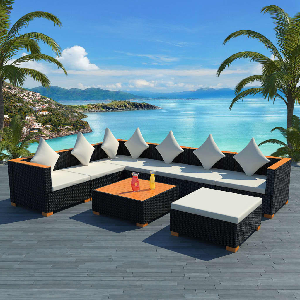 vidaXL 8 Piece Garden Lounge Set with Cushions Poly Rattan Black