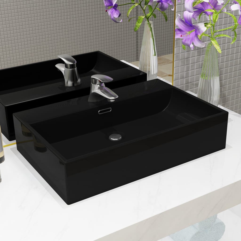 8718475589082_m_en_hd_1 vidaXL Basin with Faucet Hole Ceramic Black 60.5x42.5x14.5 cm - Image 1