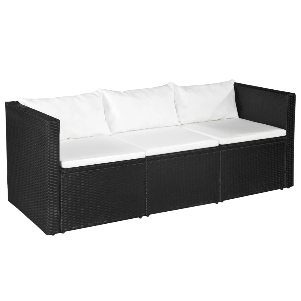 vidaXL 3 Seater Garden Sofa Black Poly Rattan with White Cushions