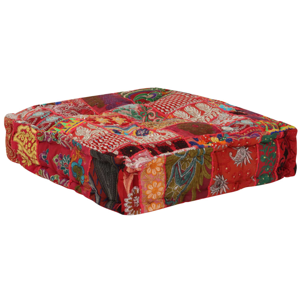 8718475620020_g_en_hd_2 vidaXL Patchwork Pouffe Square Cotton Handmade 50x50x12 cm Red - Image 3