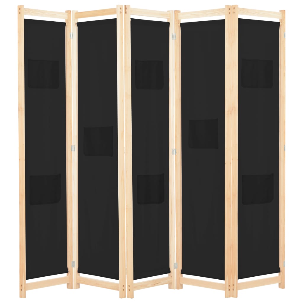 8718475730934_a_en_hd_1 vidaXL 5-Panel Room Divider Black 200x170x4 cm Fabric - Image 1
