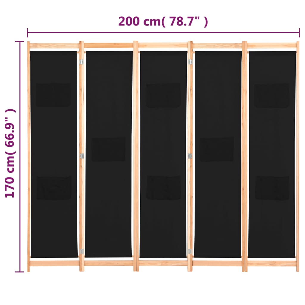 8718475730934_g_en_hd_7 vidaXL 5-Panel Room Divider Black 200x170x4 cm Fabric - Image 8