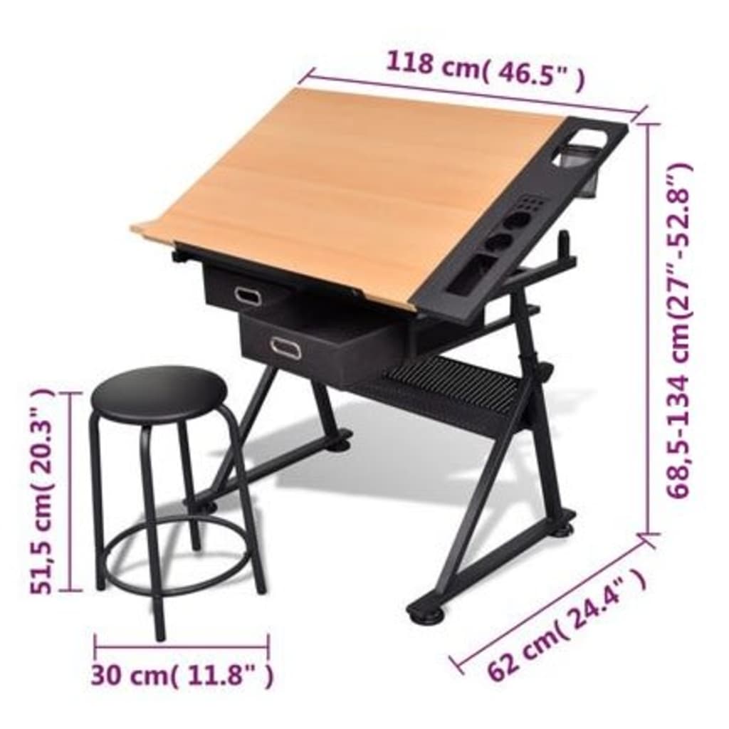 8718475882589_g_en_hd_7 vidaXL Two Drawers Tiltable Tabletop Drawing Table with Stool - Image 8