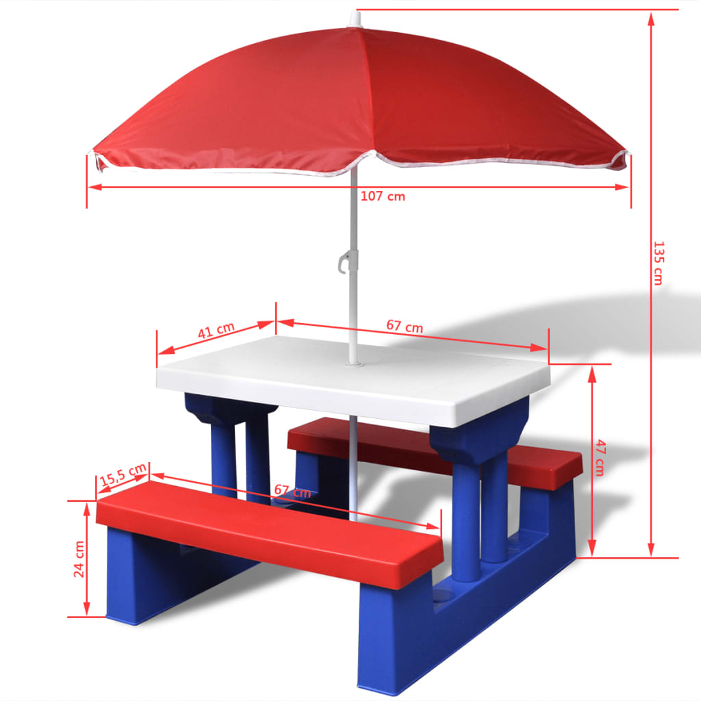 8718475906841_g_en_hd_4 vidaXL Kids' Picnic Table with Benches and Parasol Multicolour - Image 5