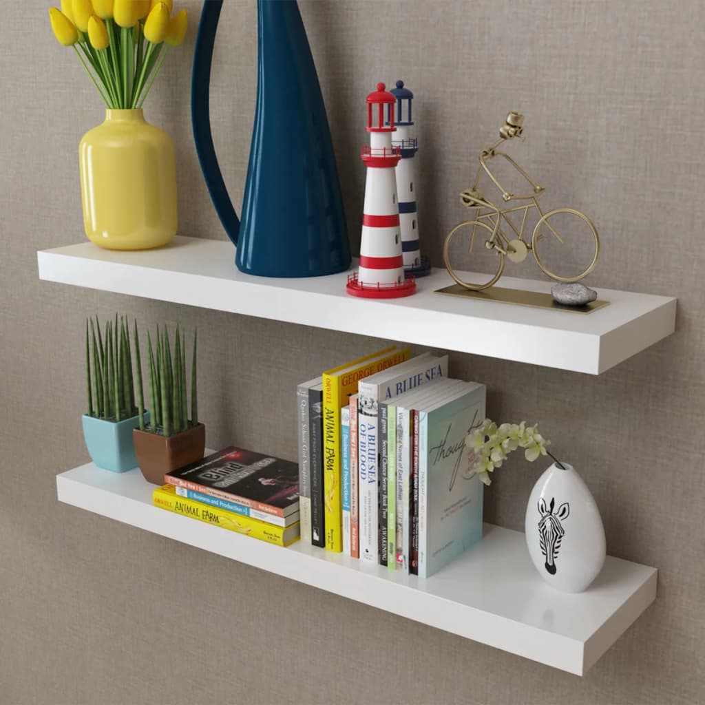 8718475938569_m_en_hd_1 2 White MDF Floating Wall Display Shelves Book/DVD Storage - Image 1