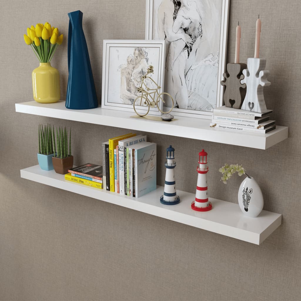 8718475938583_m_en_hd_1 2 White MDF Floating Wall Display Shelves Book/DVD Storage - Image 1