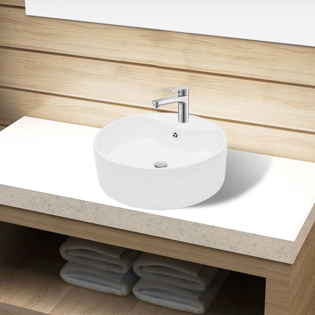 8718475942276_m_en_hd_1 vidaXL Ceramic Bathroom Sink Basin Faucet/Overflow Hole White Round - Image 1