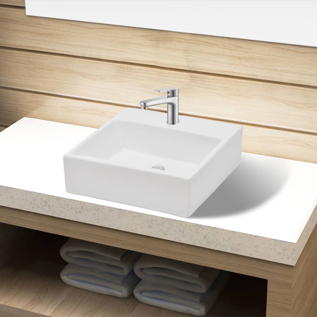 8718475942290_m_en_hd_1 vidaXL Ceramic Bathroom Sink Basin with Faucet Hole White Square - Image 1