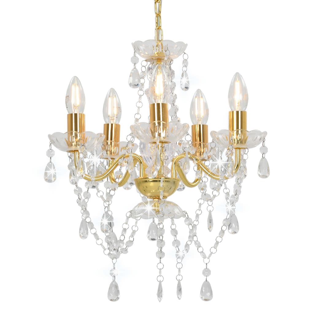 8719883573250_a_en_hd_1 vidaXL Chandelier with Crystal Beads Golden Round 5 x E14 - Image 1