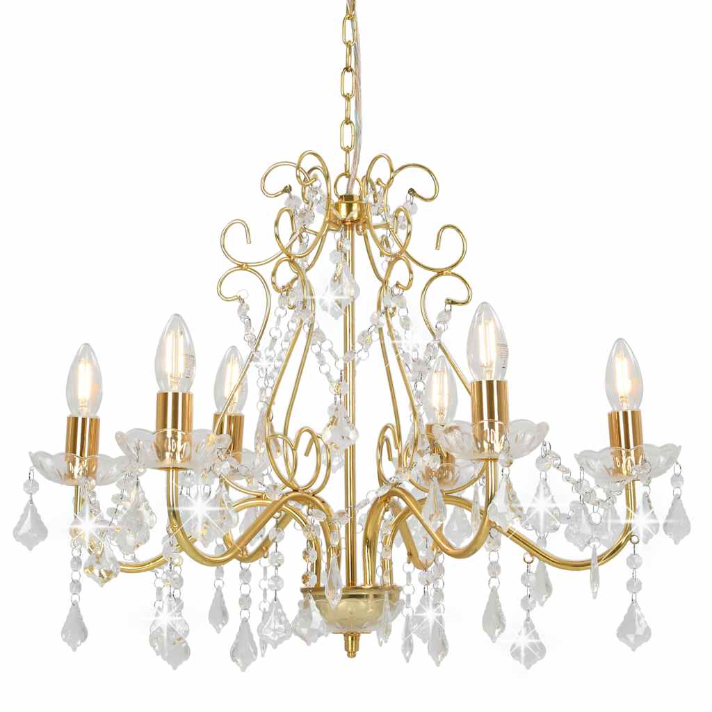 8719883573267_a_en_hd_1 vidaXL Chandelier with Crystal Beads Golden Round 6 x E14 - Image 1