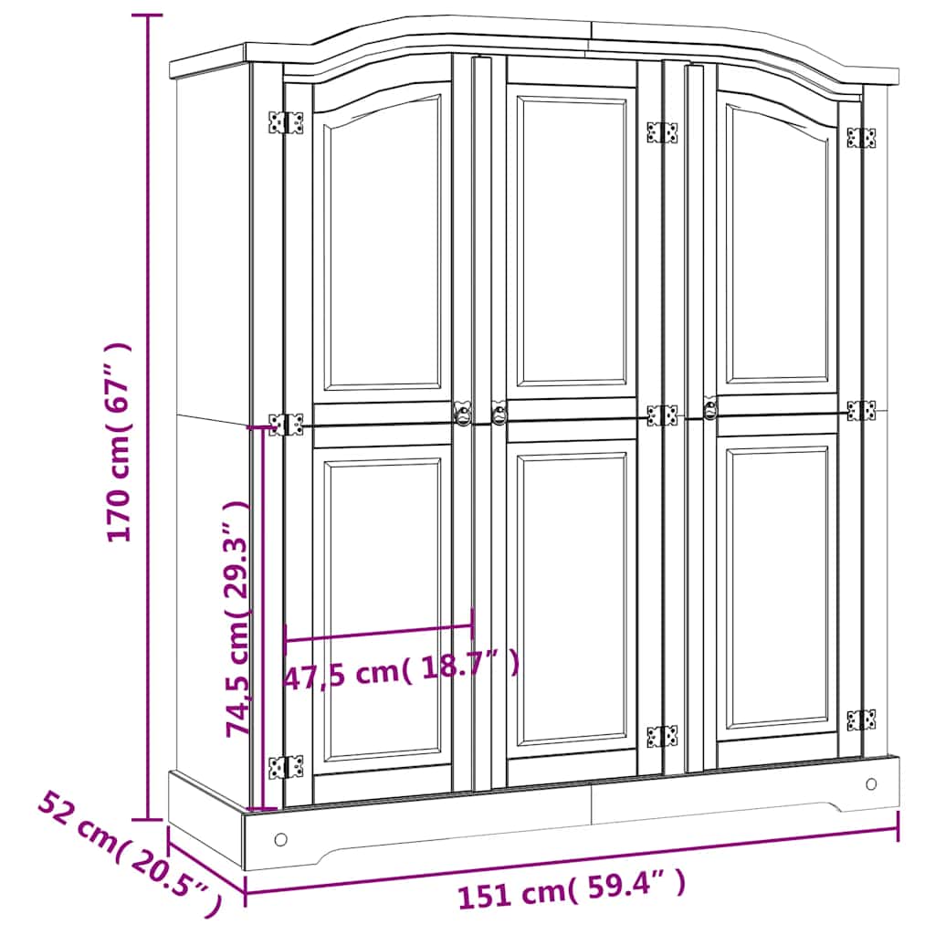 8719883681917_g_en_hd_8 vidaXL Wardrobe Mexican Pine Corona Range 3 Doors White - Image 10