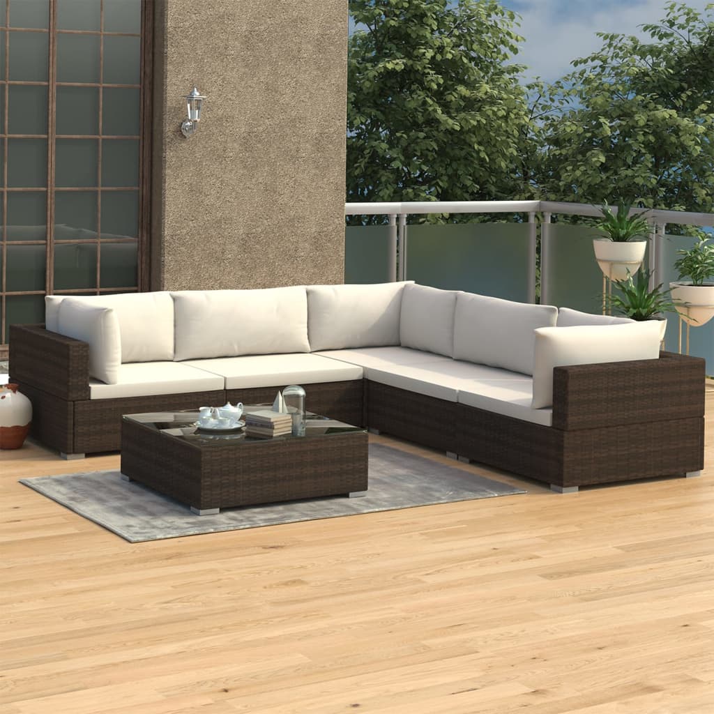 vidaXL 6 Piece Garden Lounge Set with Cushions Poly Rattan Brown