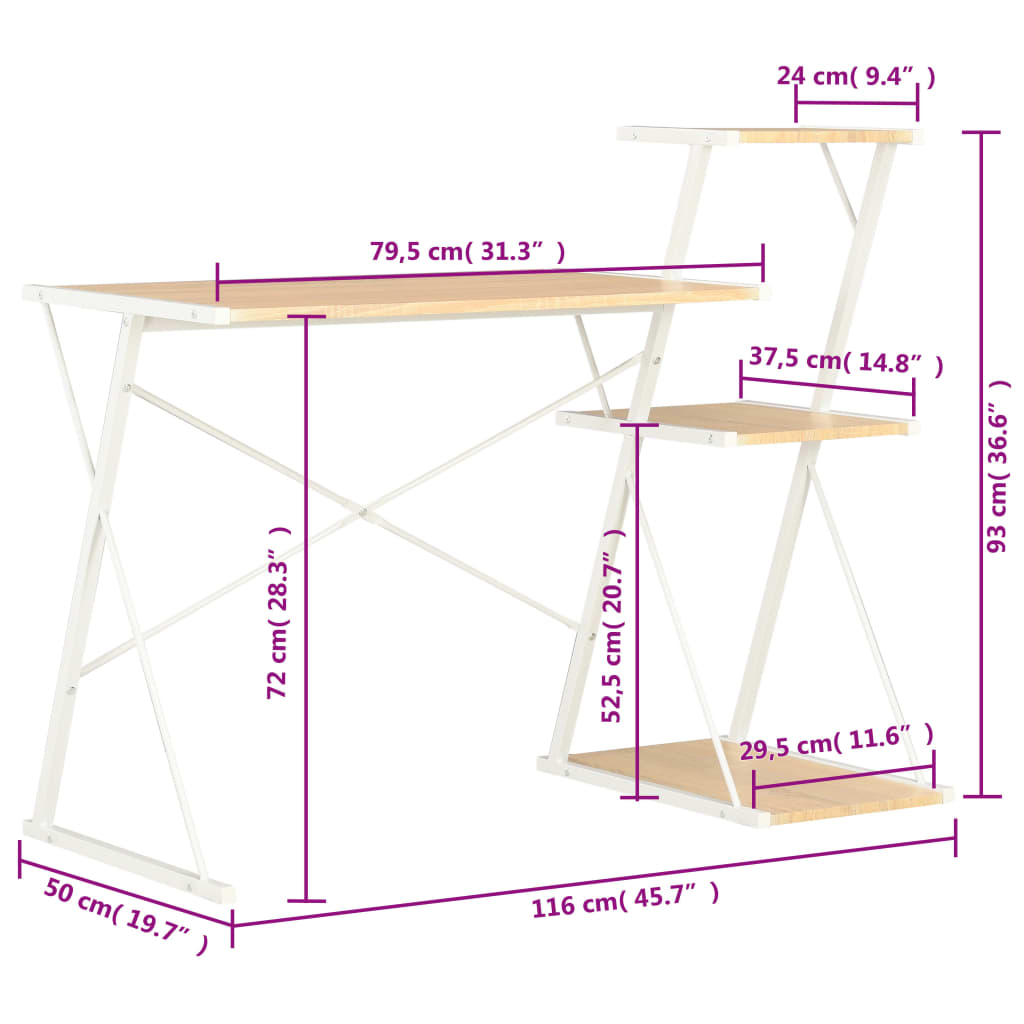 8719883734415_g_en_hd_6 vidaXL Desk with Shelf White and Oak 116x50x93 cm - Image 8