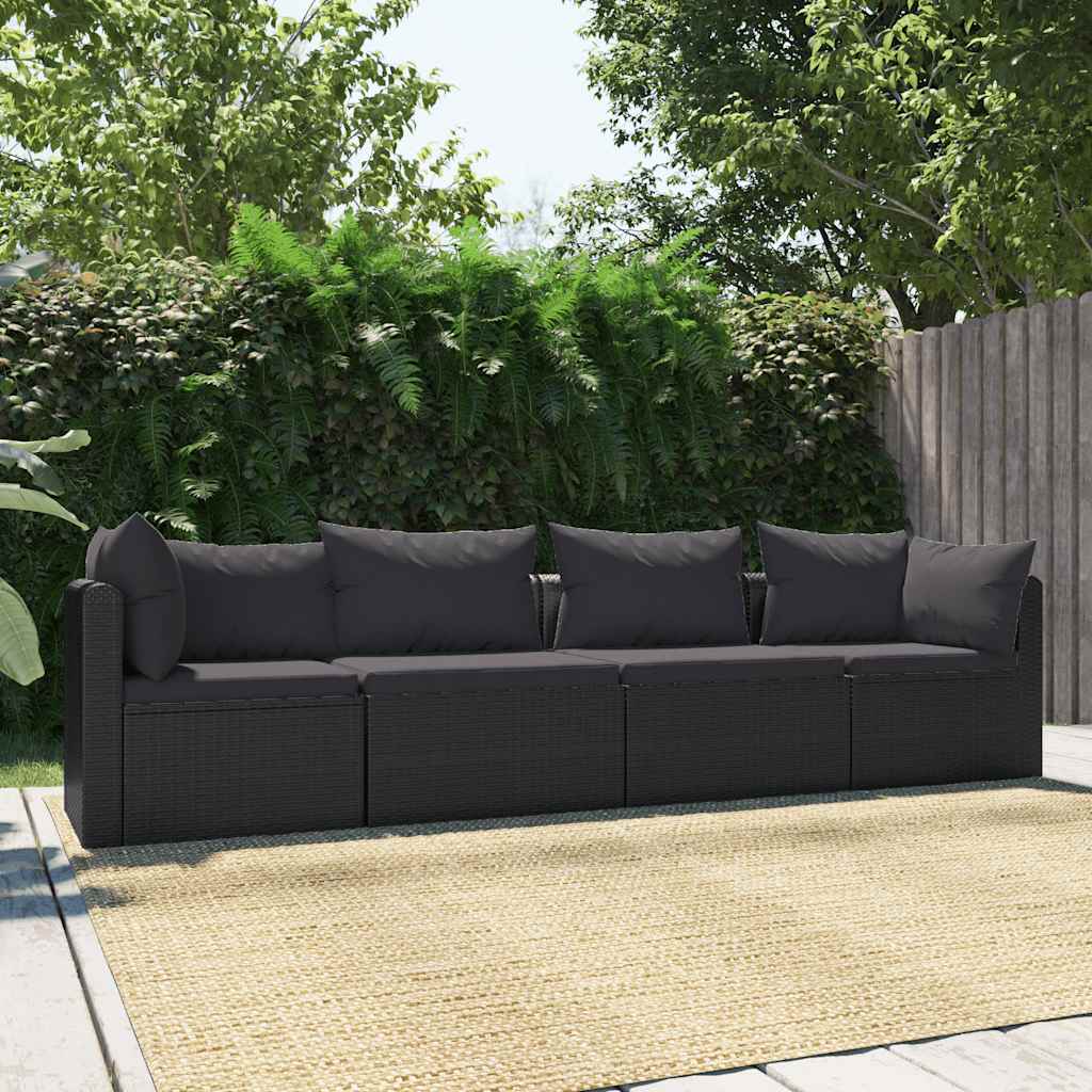 vidaXL 4 Piece Garden Sofa Set with Cushions Poly Rattan Black