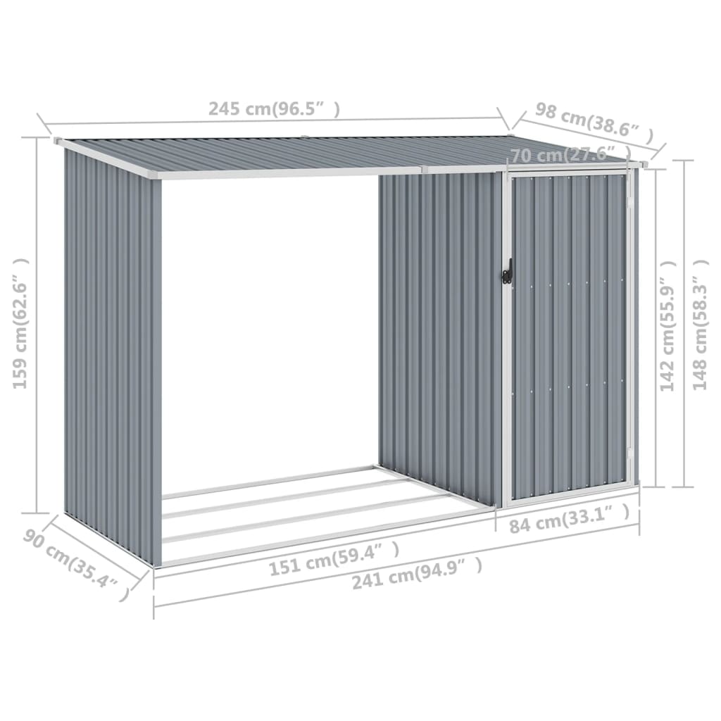 8719883811444_g_en_hd_6 vidaXL Garden Firewood Shed Grey 245x98x159 cm Galvanised Steel - Image 7