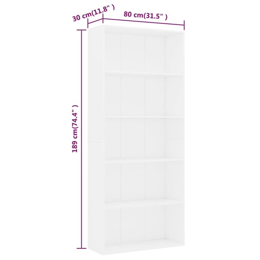 8719883816210_g_en_hd_4 vidaXL 5-Tier Book Cabinet White 80x30x189 cm Engineered Wood - Image 7