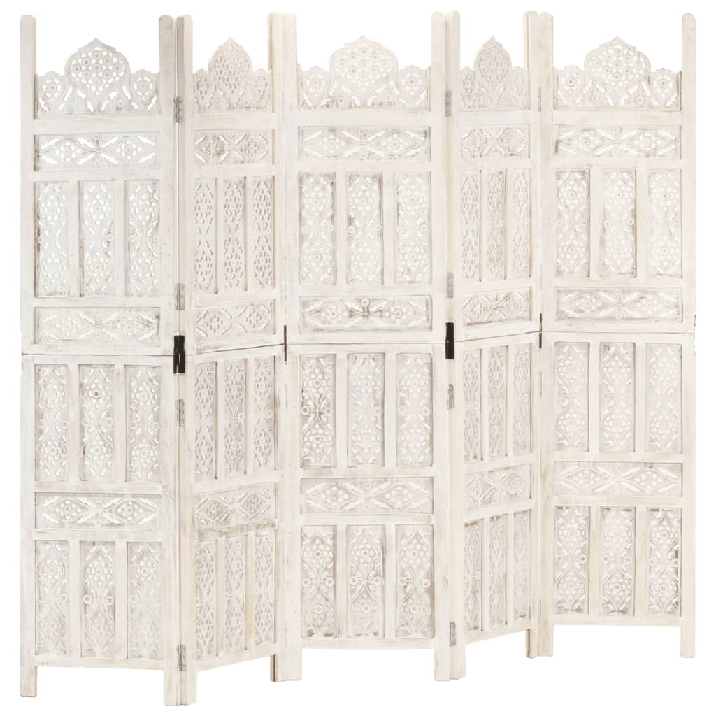 8719883817873_a_en_hd_1 vidaXL Hand carved 5-Panel Room Divider White 200x165 cm Solid Mango Wood - Image 1