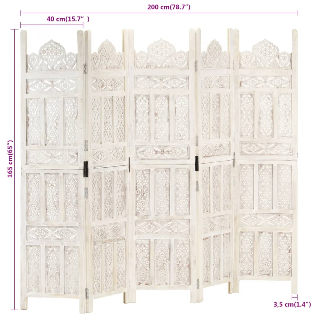 8719883817873_g_en_hd_6 vidaXL Hand carved 5-Panel Room Divider White 200x165 cm Solid Mango Wood - Image 7