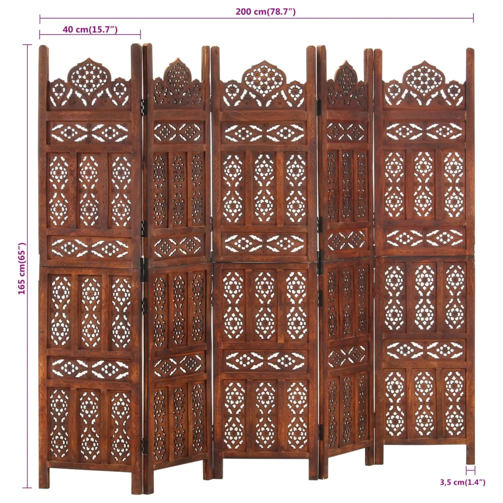 8719883817934_g_en_hd_6 vidaXL Hand carved 5-Panel Room Divider Brown 200x165 cm Solid Mango Wood - Image 7