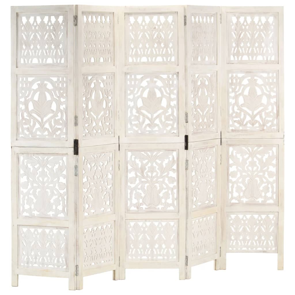 8719883817989_a_en_hd_1 vidaXL Hand carved 5-Panel Room Divider White 200x165 cm Solid Mango Wood - Image 1