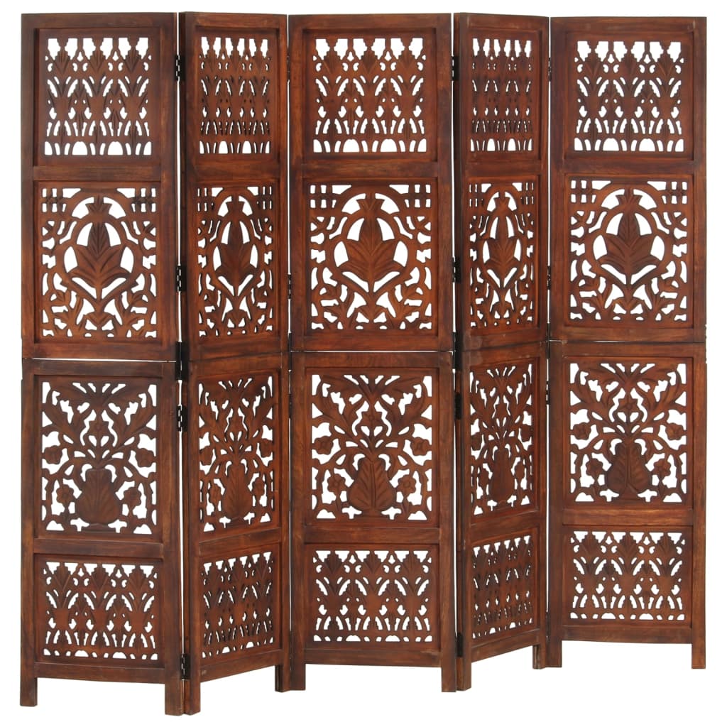 8719883818023_a_en_hd_1 vidaXL Hand Carved 5-Panel Room Divider Brown 200x165 cm Solid Mango Wood - Image 1