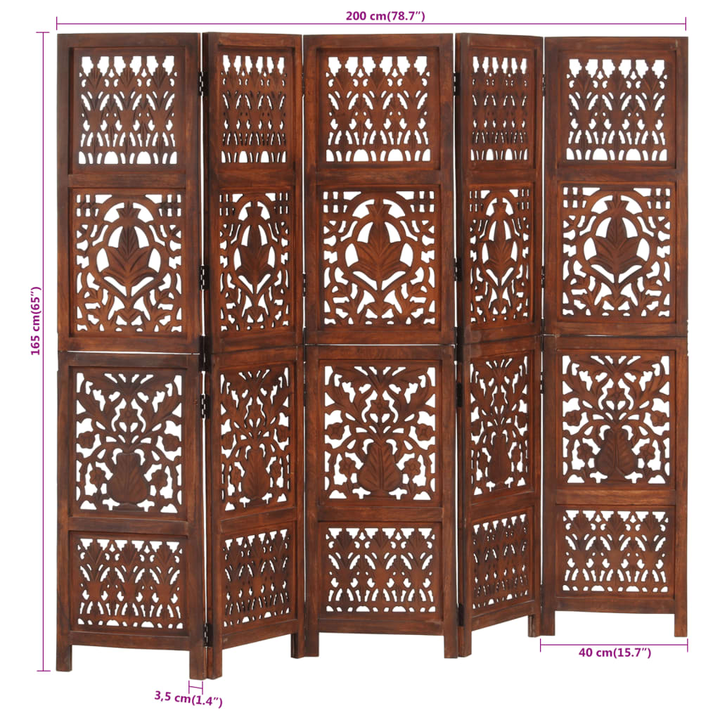 8719883818023_g_en_hd_6 vidaXL Hand Carved 5-Panel Room Divider Brown 200x165 cm Solid Mango Wood - Image 7