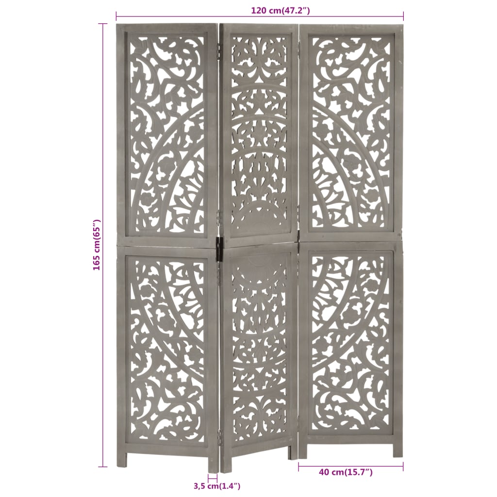 8719883818047_g_en_hd_6 vidaXL Hand carved 3-Panel Room Divider Grey 120x165 cm Solid Mango Wood - Image 7