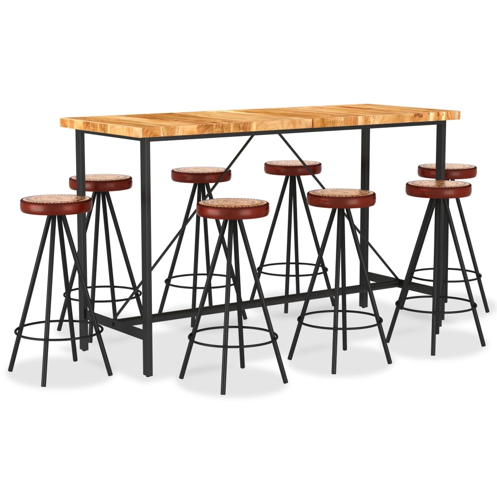 8719883913520_a_en_hd_1 vidaXL 9 Piece Bar Set Solid Acacia Wood. Genuine Leather & Canvas - Image 1