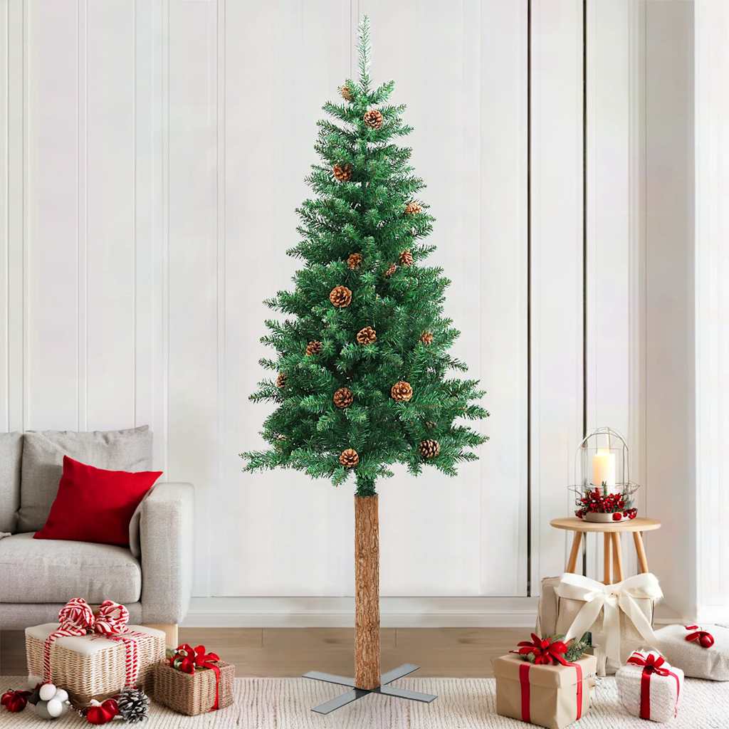vidaXL Slim Christmas Tree with Real Wood and Cones Green 210 cm PVC