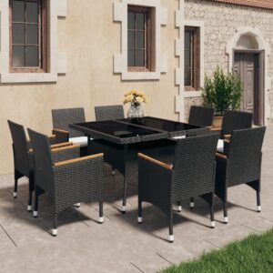 vidaXL 9 Piece Garden Dining Set Poly Rattan and Acacia Wood Black