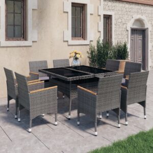 vidaXL 9 Piece Garden Dining Set Poly Rattan and Acacia Wood Grey