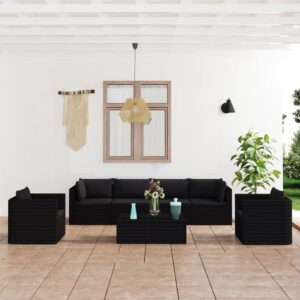 vidaXL 7 Piece Garden Lounge Set with Cushions Poly Rattan Black