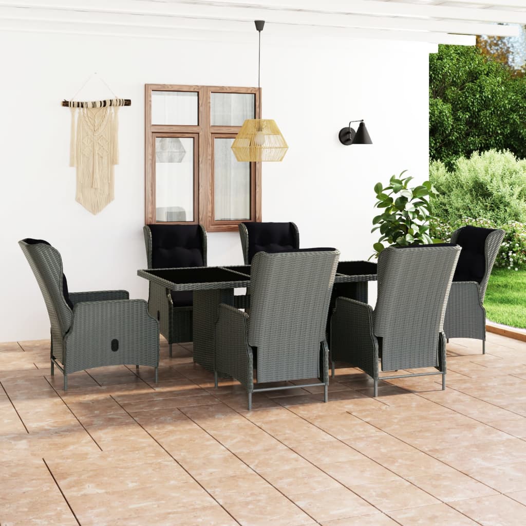 vidaXL 7 Piece Outdoor Dining Set with Cushions Poly Rattan Light Grey