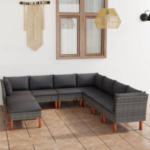 vidaXL 9 Piece Garden Lounge Set with Cushions Poly Rattan Grey